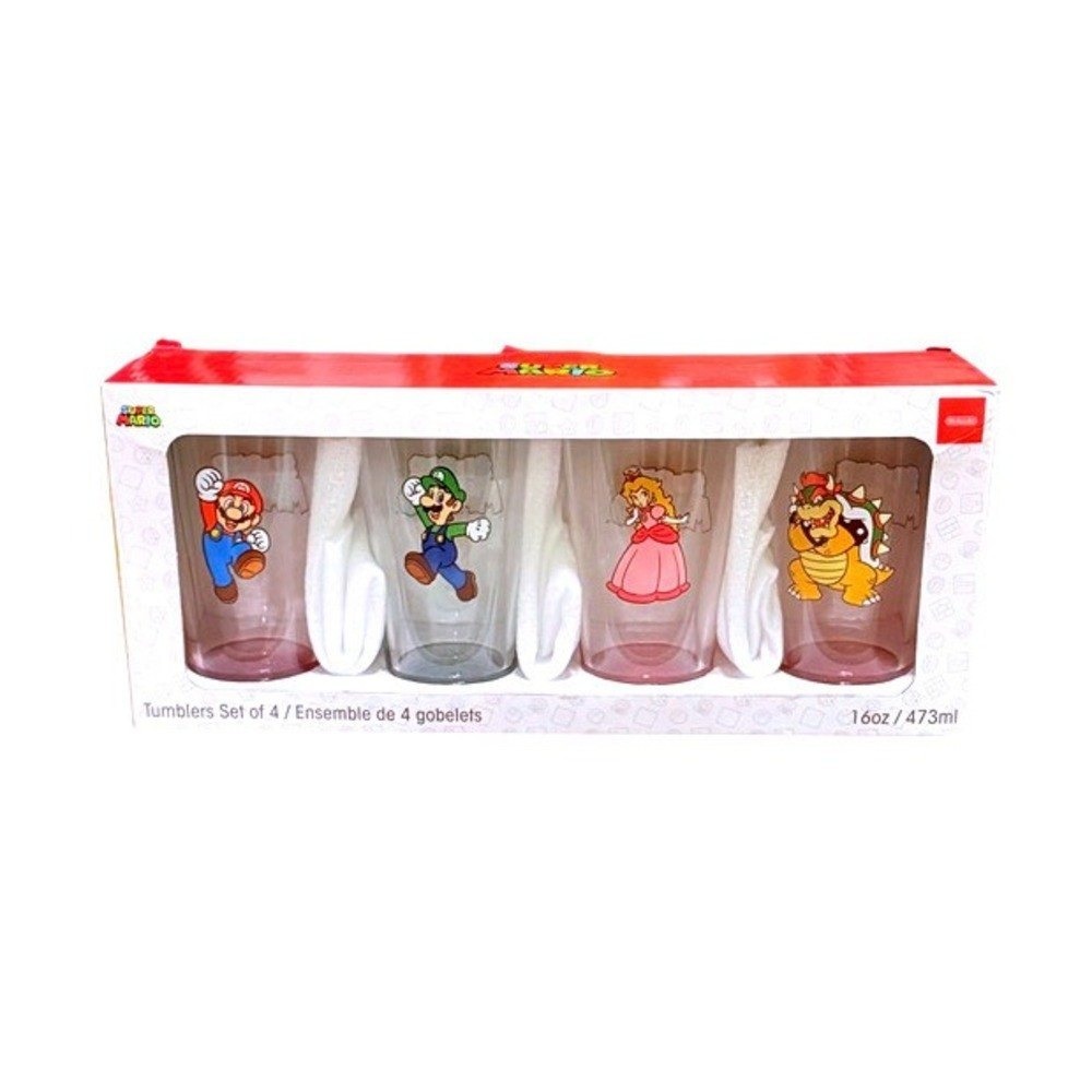 Nintendo Super Mario Set of 4 Glass Tumblers 16oz Mario Luigi Peach Bowser NIB
